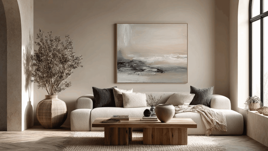 Oversized muted abstract art as a focal point in an organic modern living room