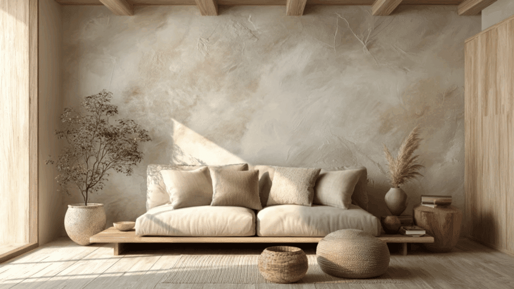 Oversized muted abstract art as a focal point in an organic modern living room