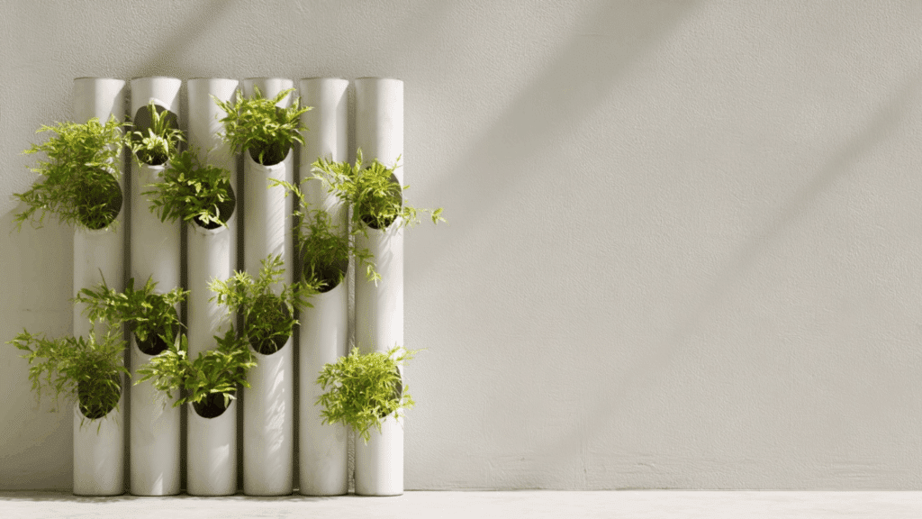 PVC pipe vertical garden growing herbs in small openings