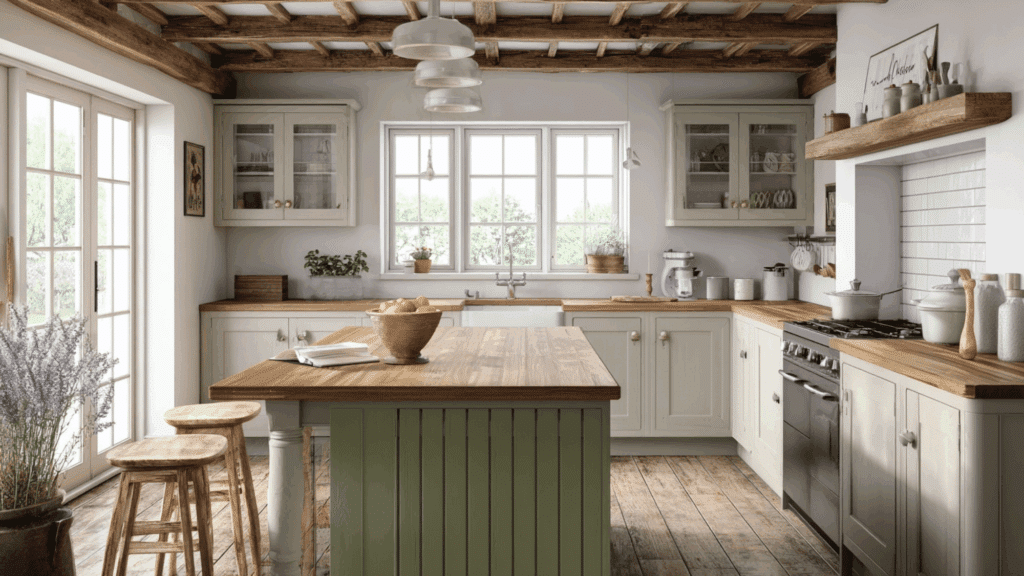 Painted kitchen island in a cottage-style kitchen