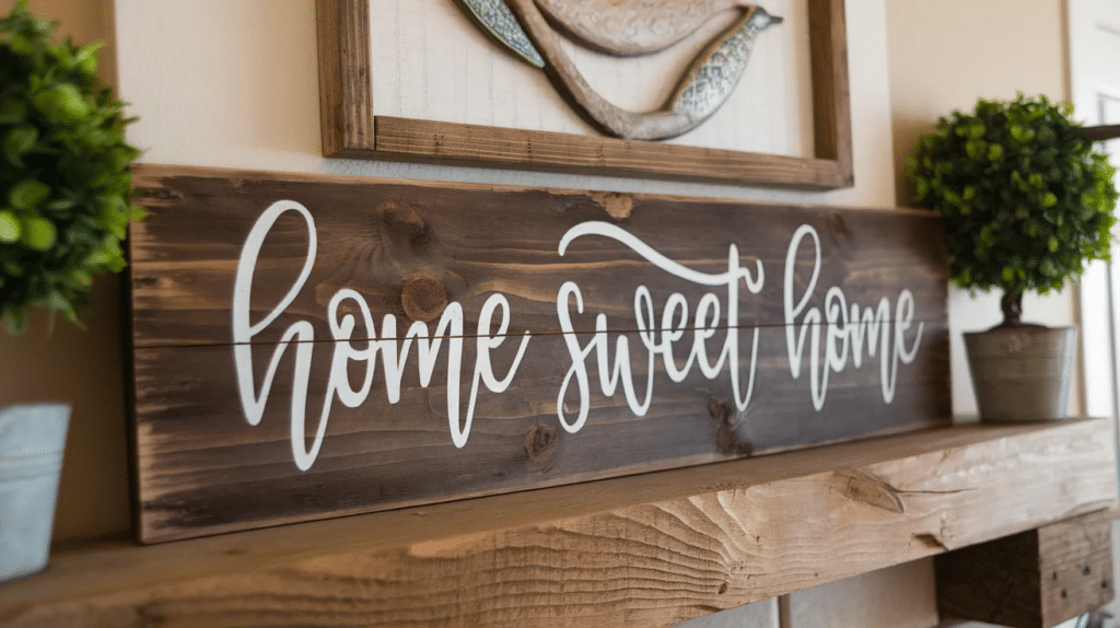 Painted wooden quote sign reading “Home Sweet Home” hung as rustic wall decor