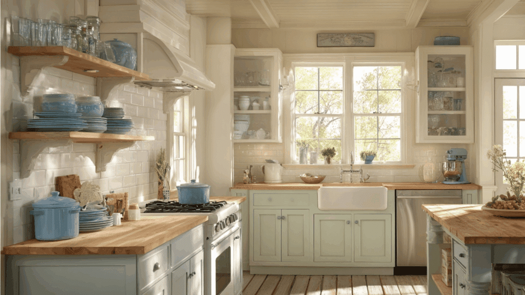 Pastel accents in a soft and cozy cottage kitchen