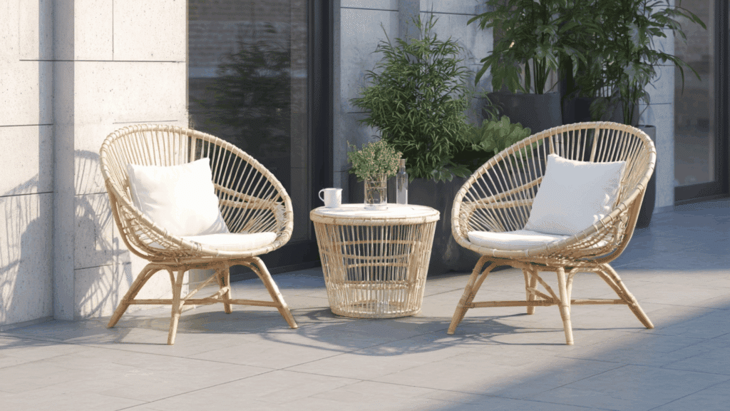 Patio chairs angled slightly toward each other.