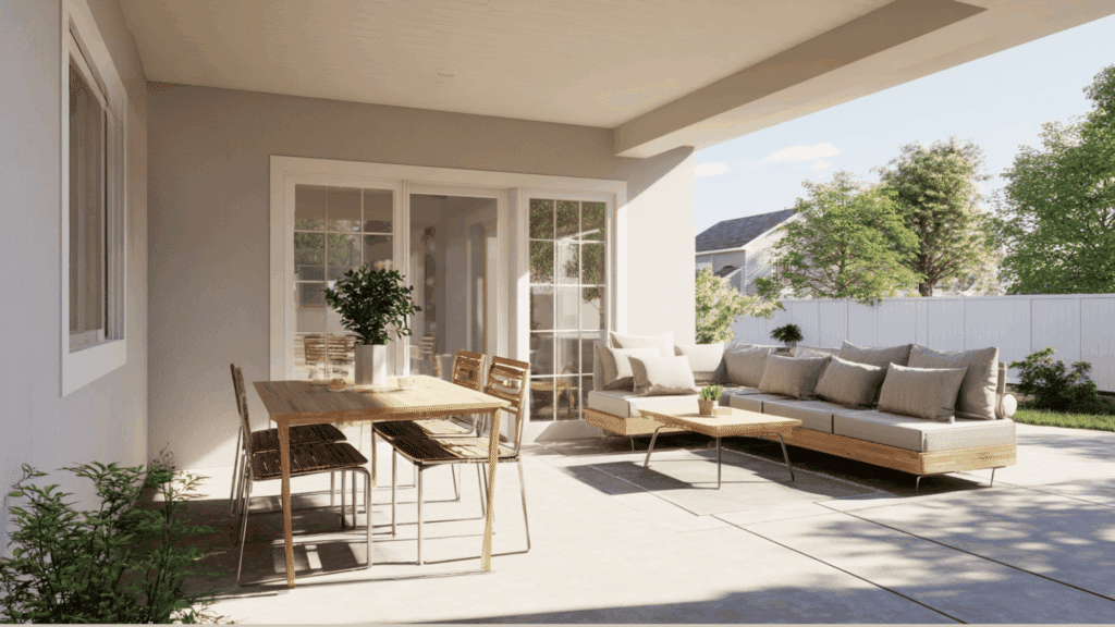 Patio divided into dining and lounge areas with simple furniture layout.