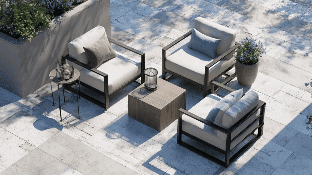 Patio seating arranged with wide walking space around furniture.