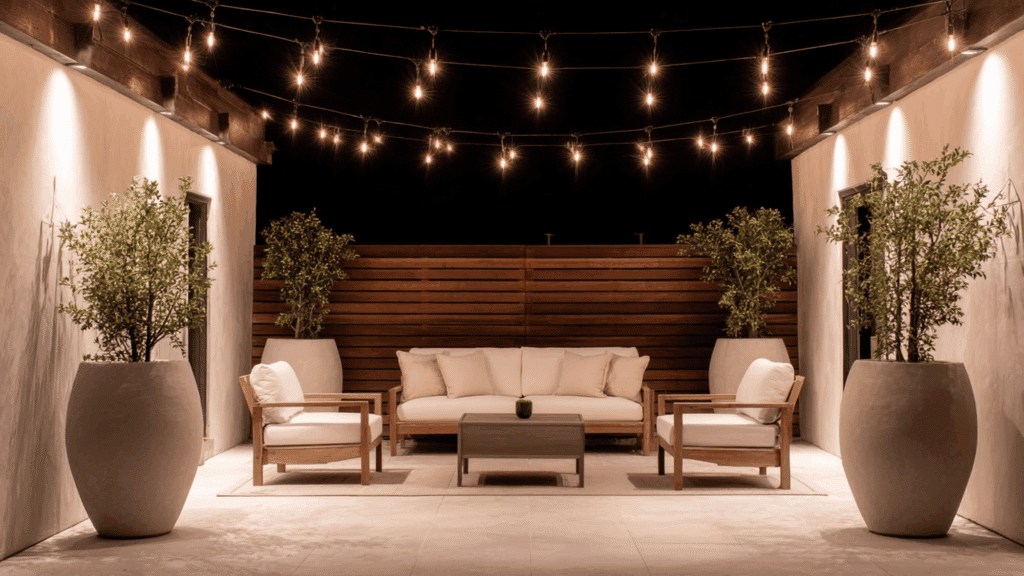 Patio seating framed with planters and string lights.