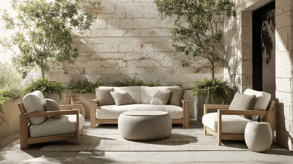 Patio seating with sofa, chairs, and ottoman.