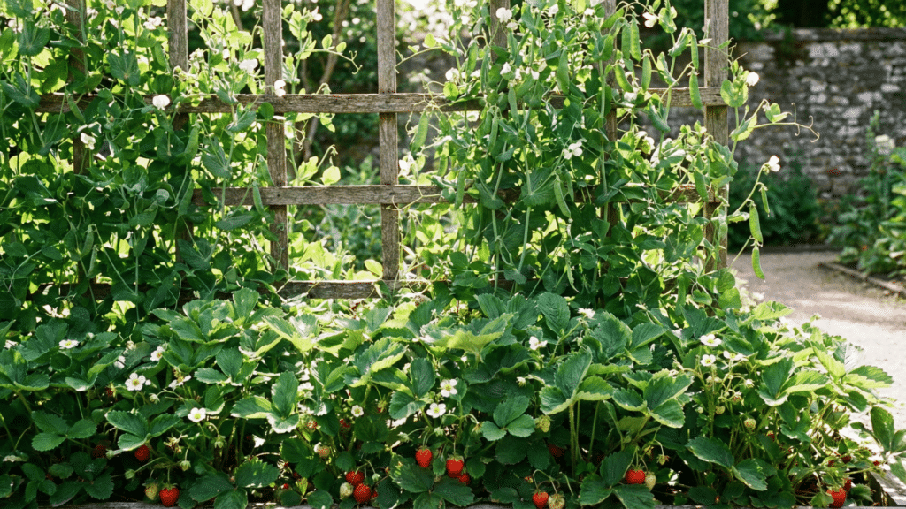 Pea plants climbing near strawberries on a garden trellis.