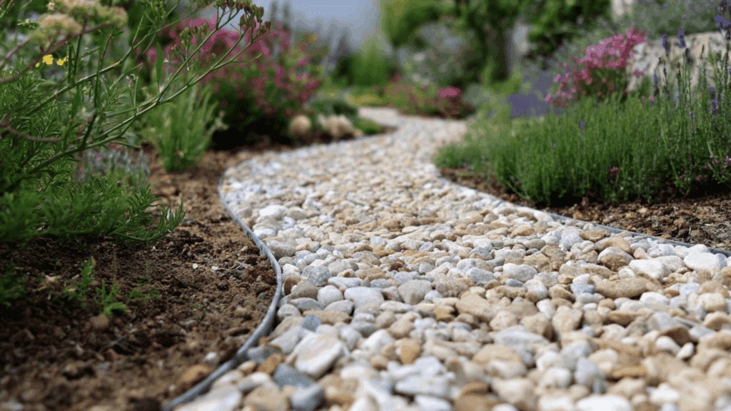 Pebble trench edging defining garden borders naturally