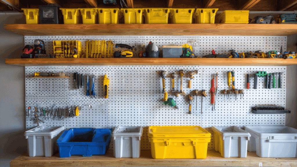 Pegboard with hanging tools above garage storage shelves
