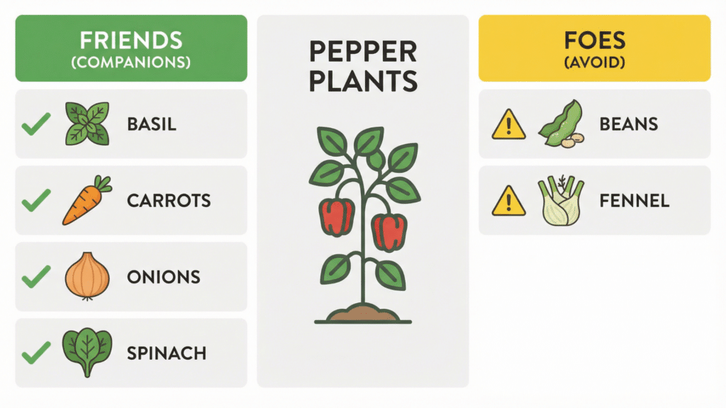 Pepper companion planting chart showing helpful plants like basil and spinach and poor companions like beans and fennel