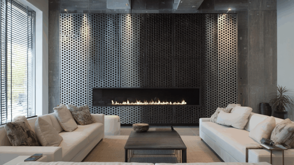 Perforated steel mesh fireplace wall with modern industrial design