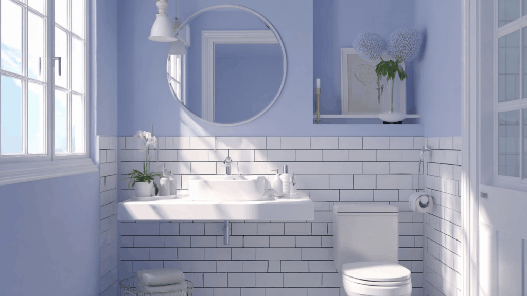 Periwinkle bathroom walls with white tiles and a clean modern vanity