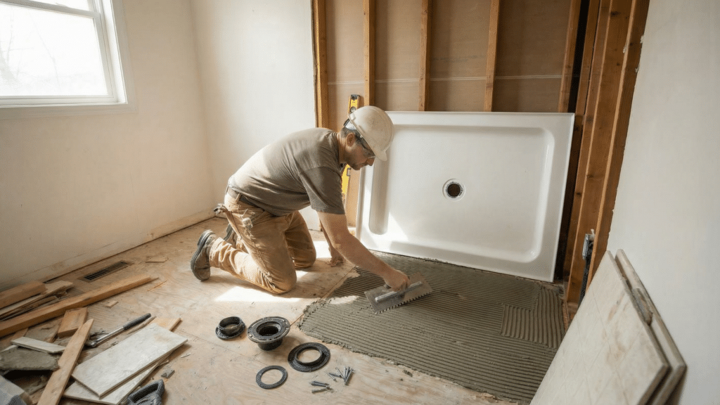 Person Applying mortar bed on subfloor for shower pan support