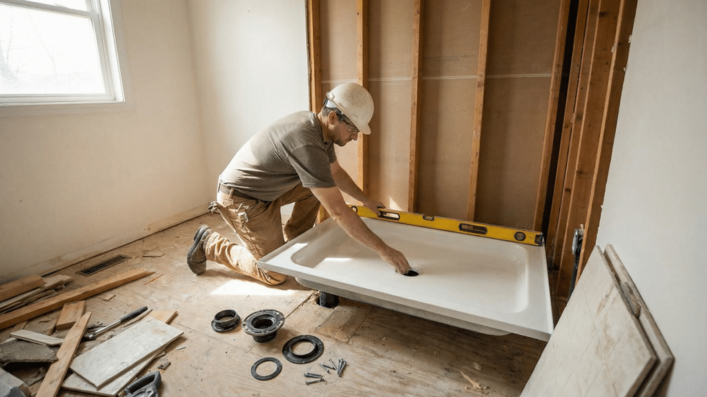 Person Dry fitting shower pan and preparing drain assembly