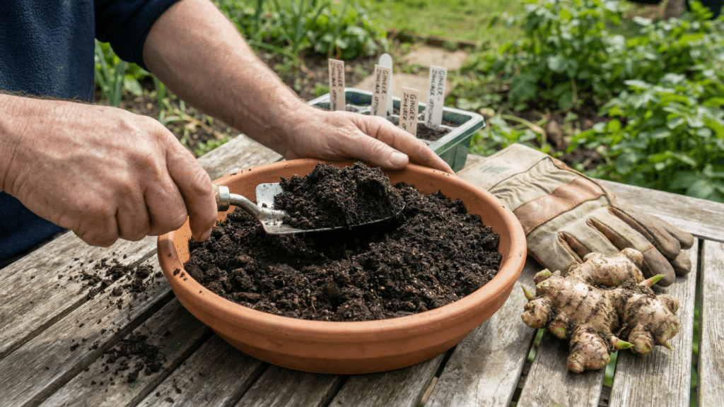 Person adding soil into a wide pot for planting ginger
