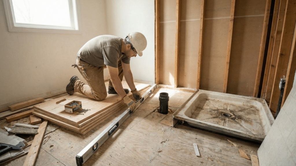 Person checking and reinforcing subfloor before shower pan installation.