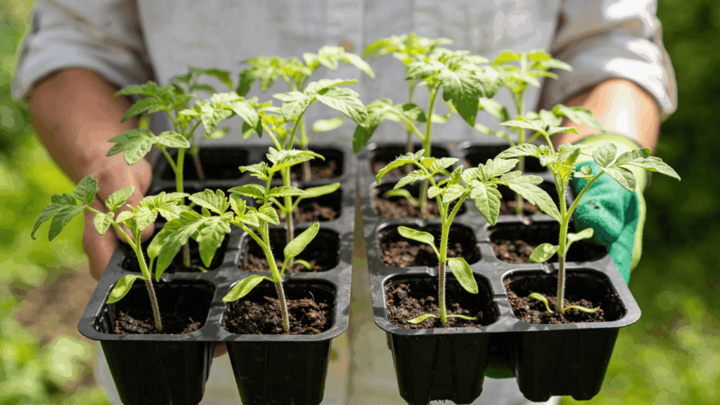 Person holding trays of young tomato seedlings outdoors before transplanting