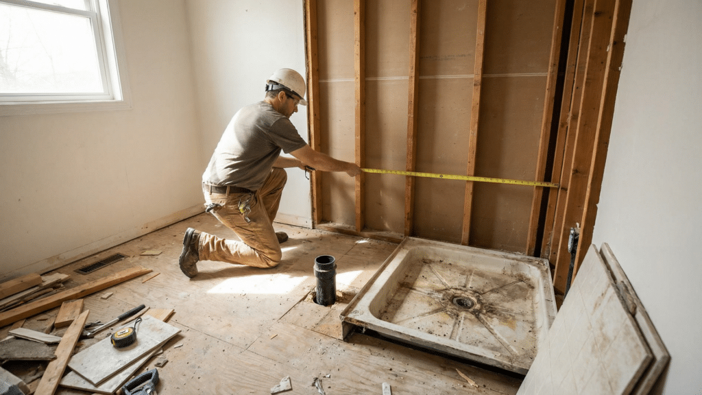 Person measuring shower space and removing old shower pan during renovation
