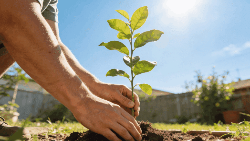 Person placing young lemon tree in sunny backyard location.