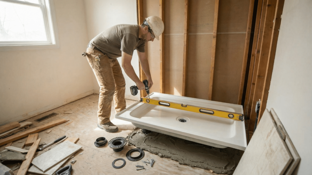 Person setting and securing shower pan into mortar base