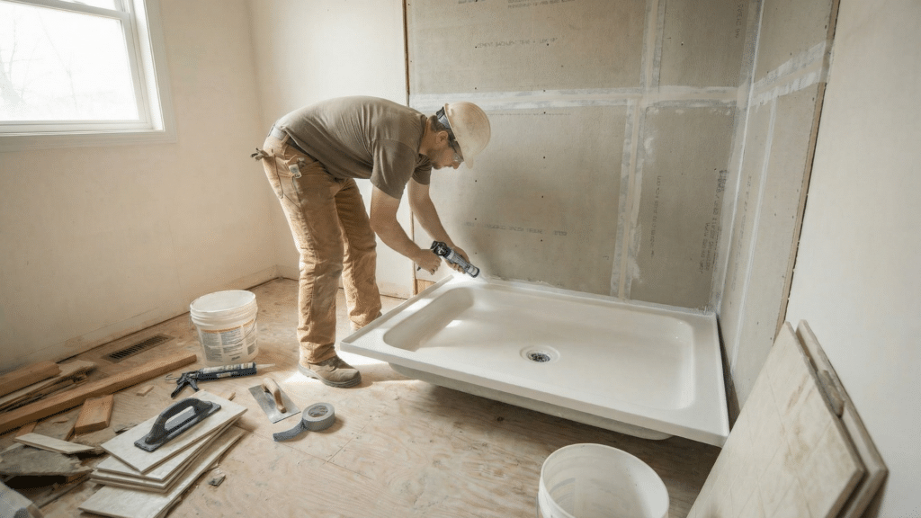 Person waterproofing and sealing shower pan installation
