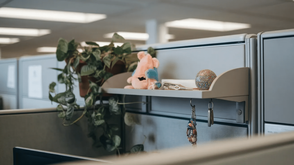 Personal items and keepsakes on a cubicle shelf