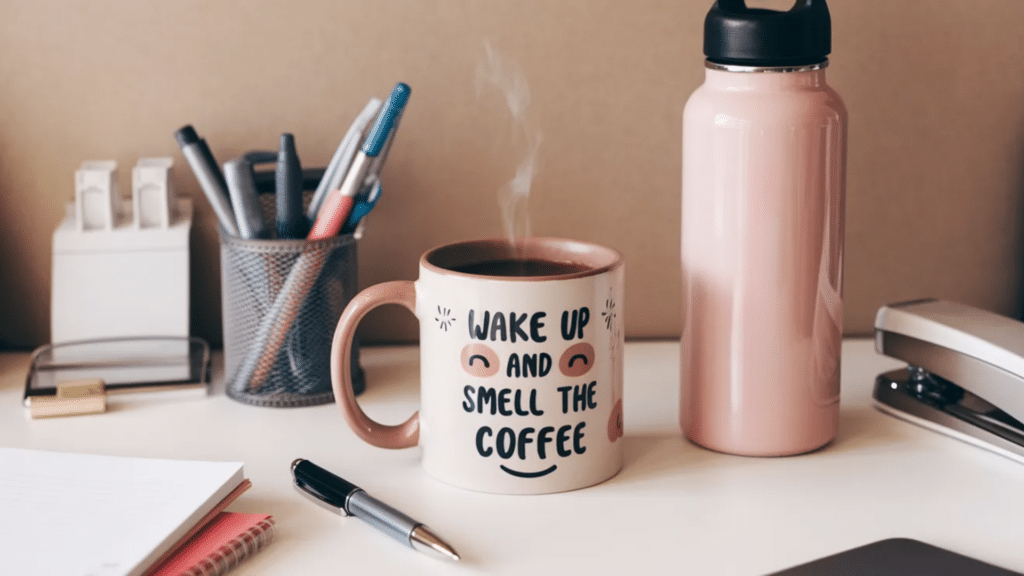 Personal mug and water bottle on a work desk