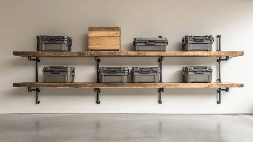 Pipe and wood industrial garage shelving with storage bins