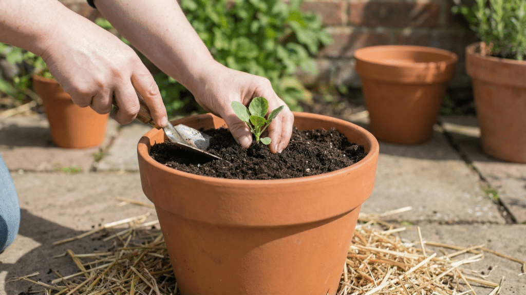 Planting Brussels sprout seedling in a container