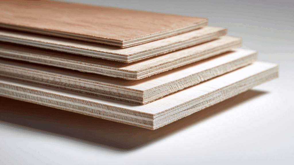 Plywood sheets showing different layer counts from thin to thick panels