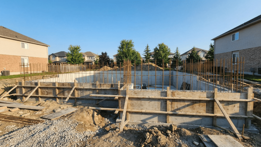 Poured concrete basement walls with formwork and steel reinforcement on a construction site