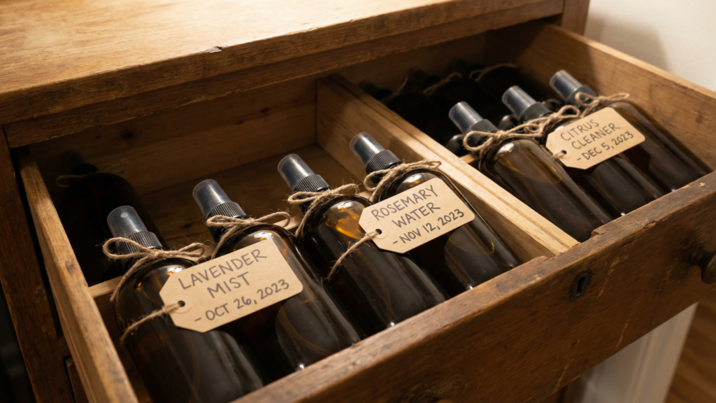 Proper storage of homemade mosquito repellent in dark glass bottles