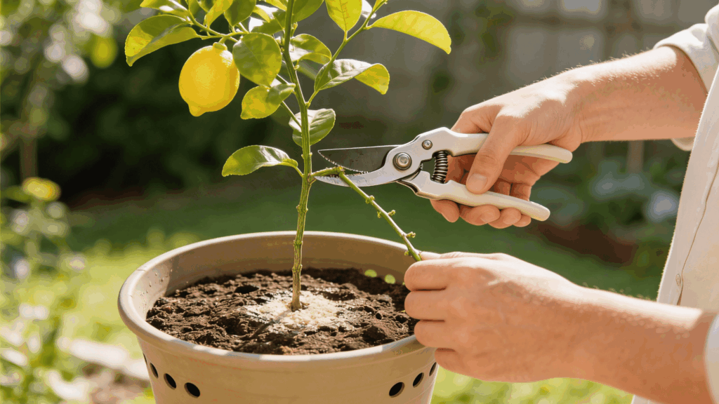 Pruning lemon tree branch with garden shears