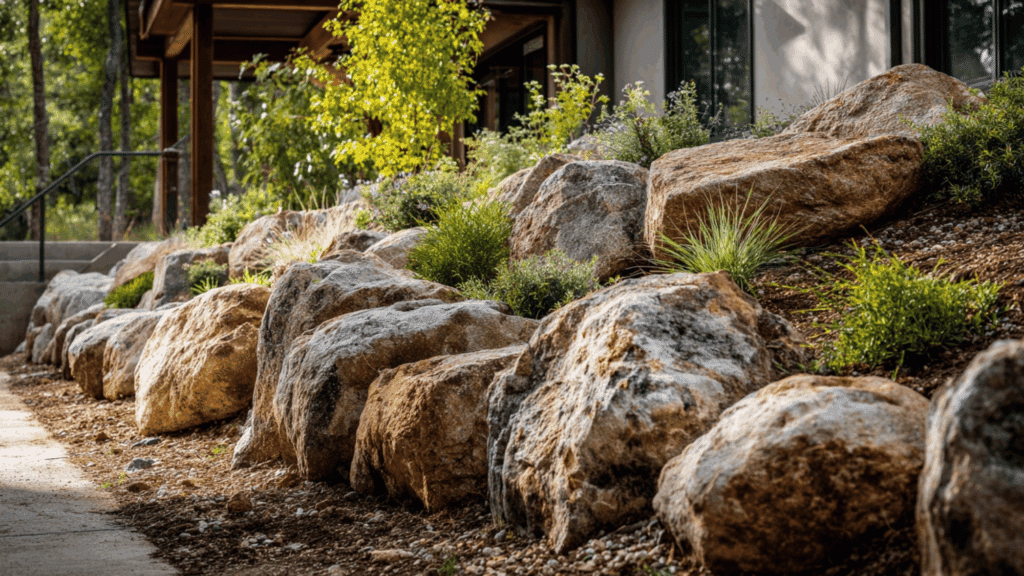 Raw boulder clusters forming organic garden edging