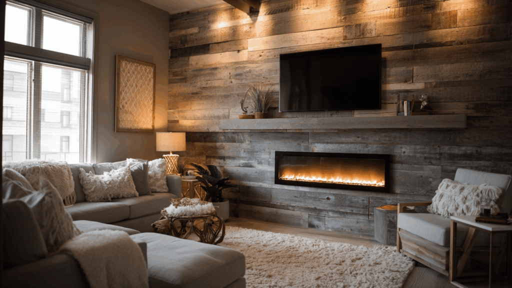 Reclaimed barnwood shiplap fireplace accent wall in modern farmhouse style.
