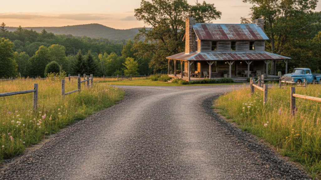 Recycled asphalt driveway in a rural area