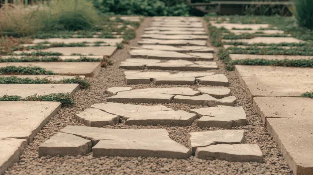 Recycled concrete pieces forming a path with small plants filling the spaces