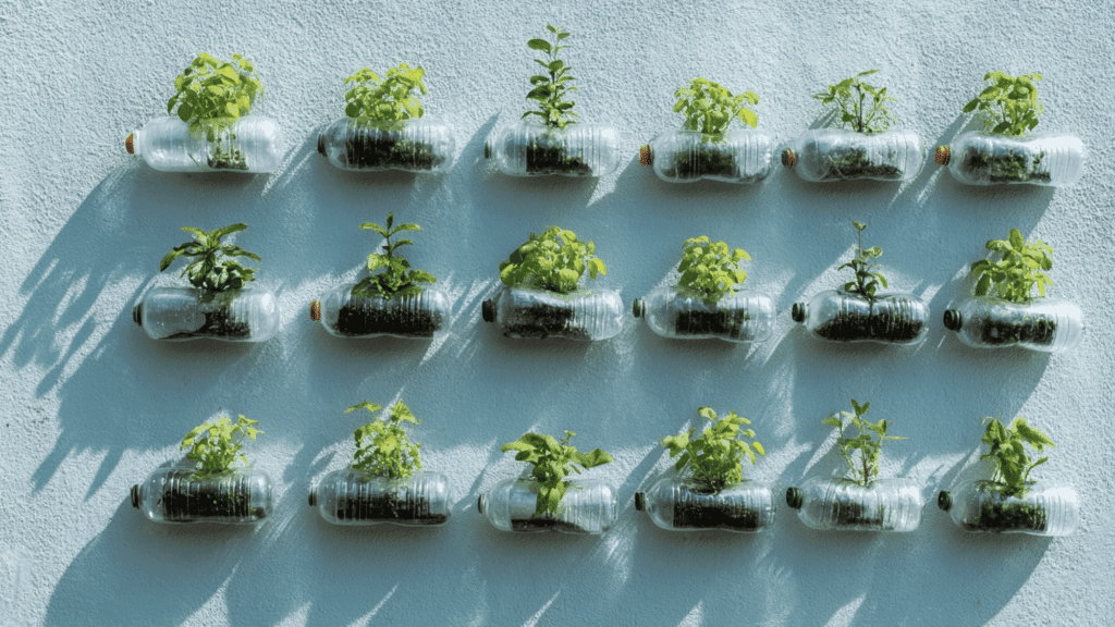 Recycled plastic bottle vertical garden mounted neatly on a wall