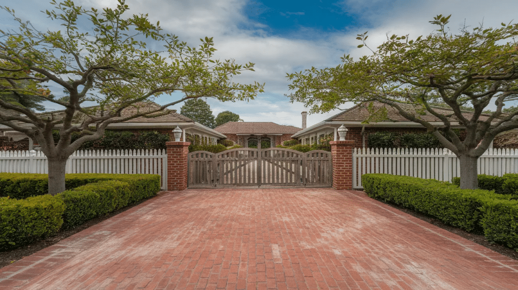 Red brick driveway in front of a traditional home