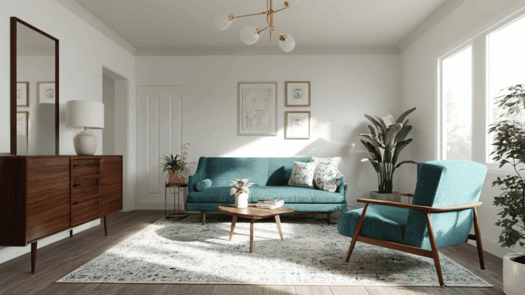 Retro inspired mid century modern living room with teal chair