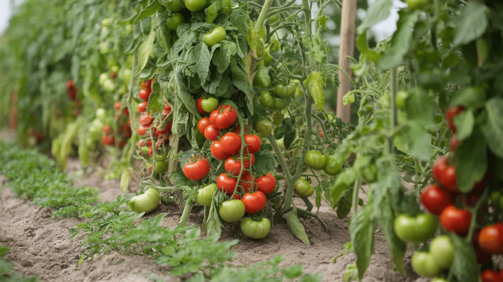 Ripe tomatoes growing on a vine in a sunny home garden.