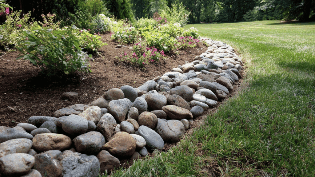 River rock border edging a garden bed with a natural flowing look