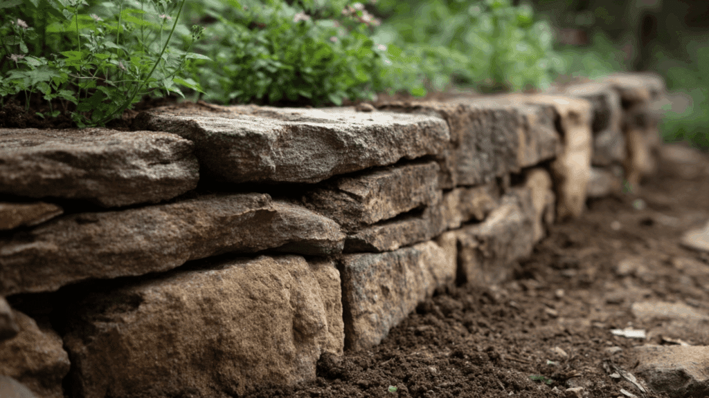 Rough-cut stone wall used as natural garden edging