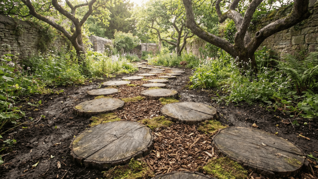 Round wood slices forming a rustic garden path with mulch between the pieces