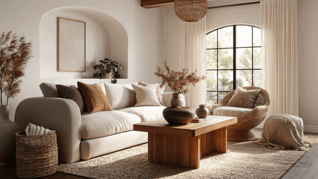 Rounded natural pendant light in a cozy organic modern living room with neutrals