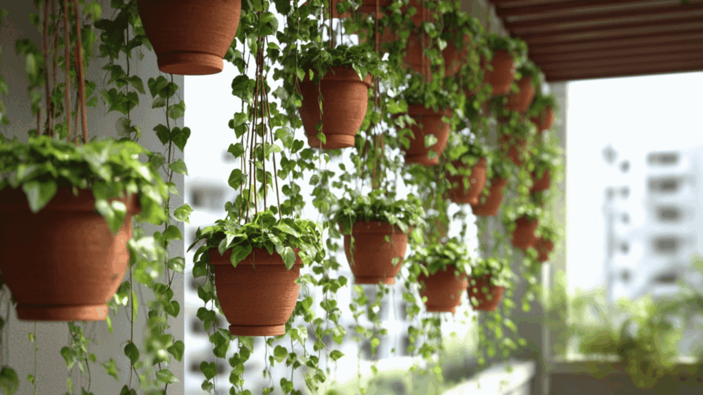 Rows of terracotta hanging baskets filled with trailing green ivy plants to decorate a balcony.