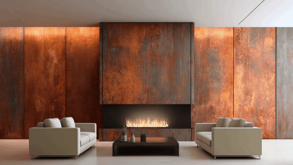 Rustic corten steel fireplace feature wall with modern minimalist room