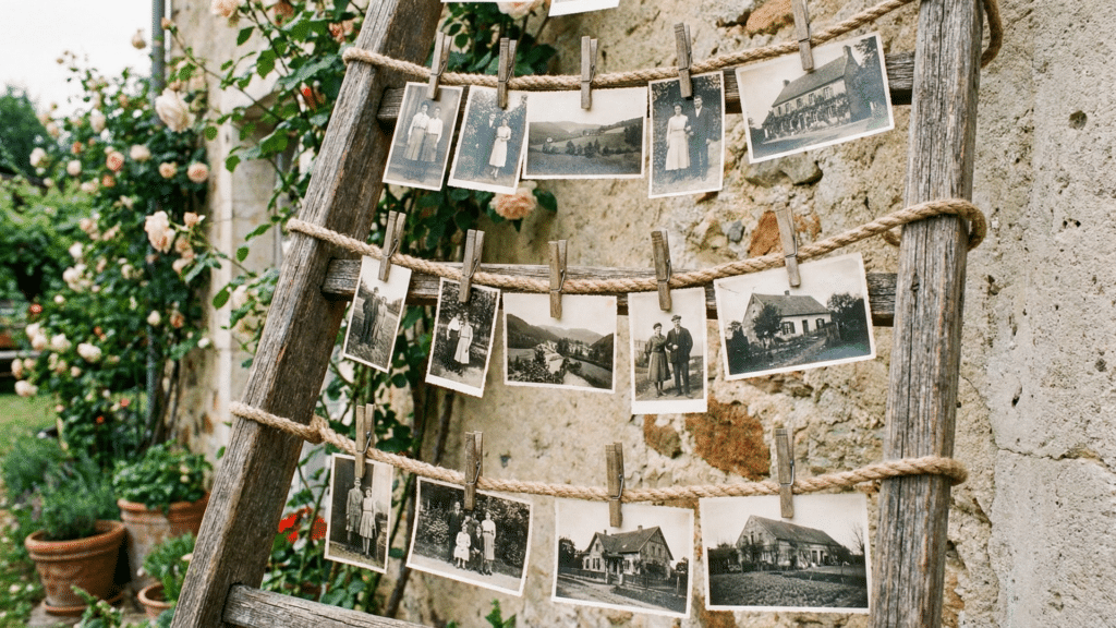 Rustic ladder used as a hanging photo display with twine and clipped prints