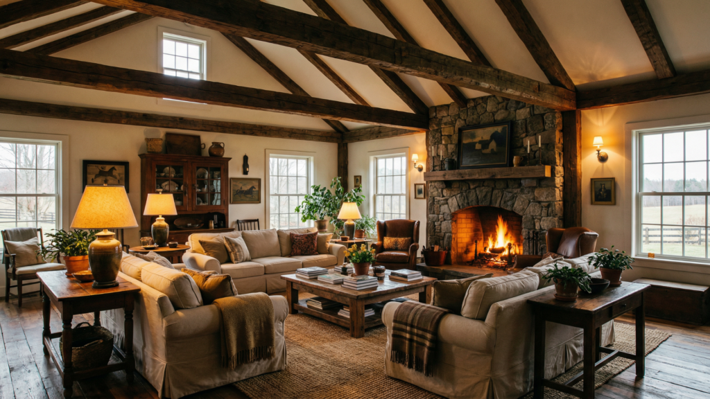 Rustic living room with a cathedral ceiling and dark exposed wood beams above a stone fireplace